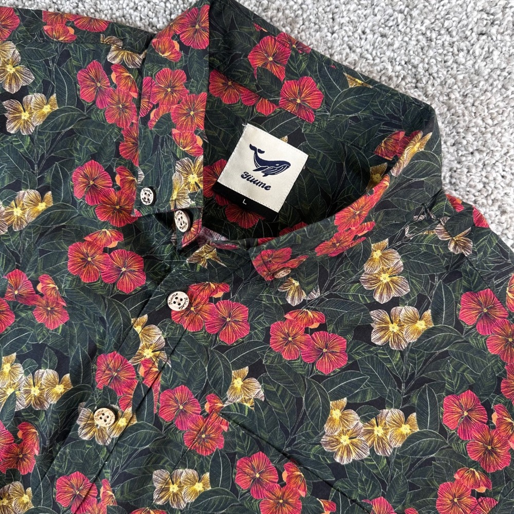 Yiume Floral Hibiscus Hawaiian Mens Large S/S Button Up Cotton Summer Fun